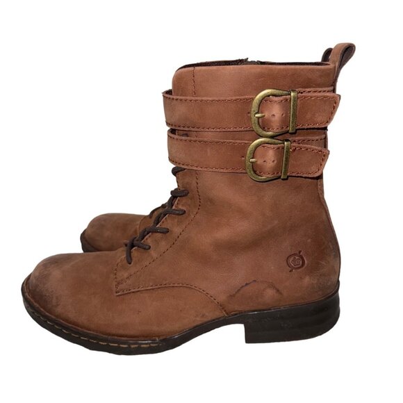 BORN Camryn Genuine Leather Brown Double Buckle Strap Lace-Up Cognac Boots 8.5 - Picture 4 of 15